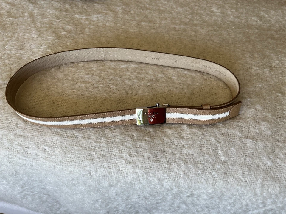 Authentic Prada Belt Vintage Logo Buckle Striped Beige and White size 90/36 - Image 3 of 4