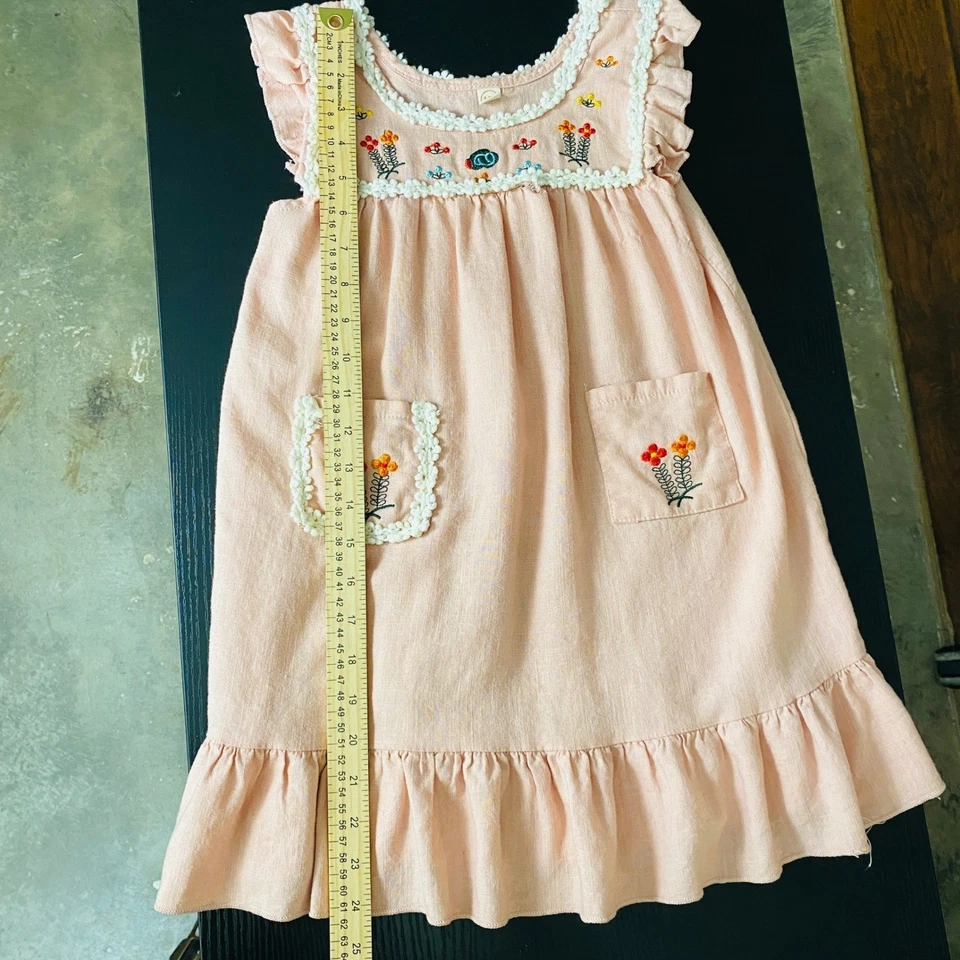 Girls Pink Blush Linen Blend Embroidered Dress Ruffle Sleeves Pockets Size 130 - Image 4 of 4