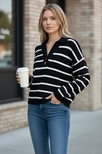 Drop Shoulder Women's Med Sweater Black White Stripe NEW