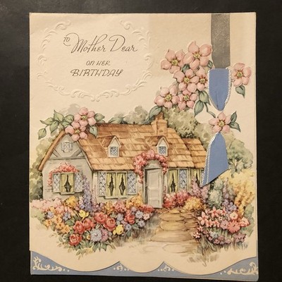 Vtg Birthday Greeting Card Beautiful Garden Tree In Bloom Cabin Ribbon To Mother