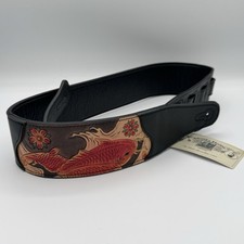 Walker And Williams Guitar Strap Onyx Black Carving Leather Top Koi Fish Design