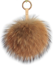 Large Genuine Raccoon/Fox Fur Pom Keychain Bag Charm Fluffy Fur Ball Natural,..