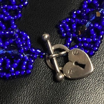 B0863 Sterling Silver Heart Lock Toggle Bracelet Blue Beaded 6.75''