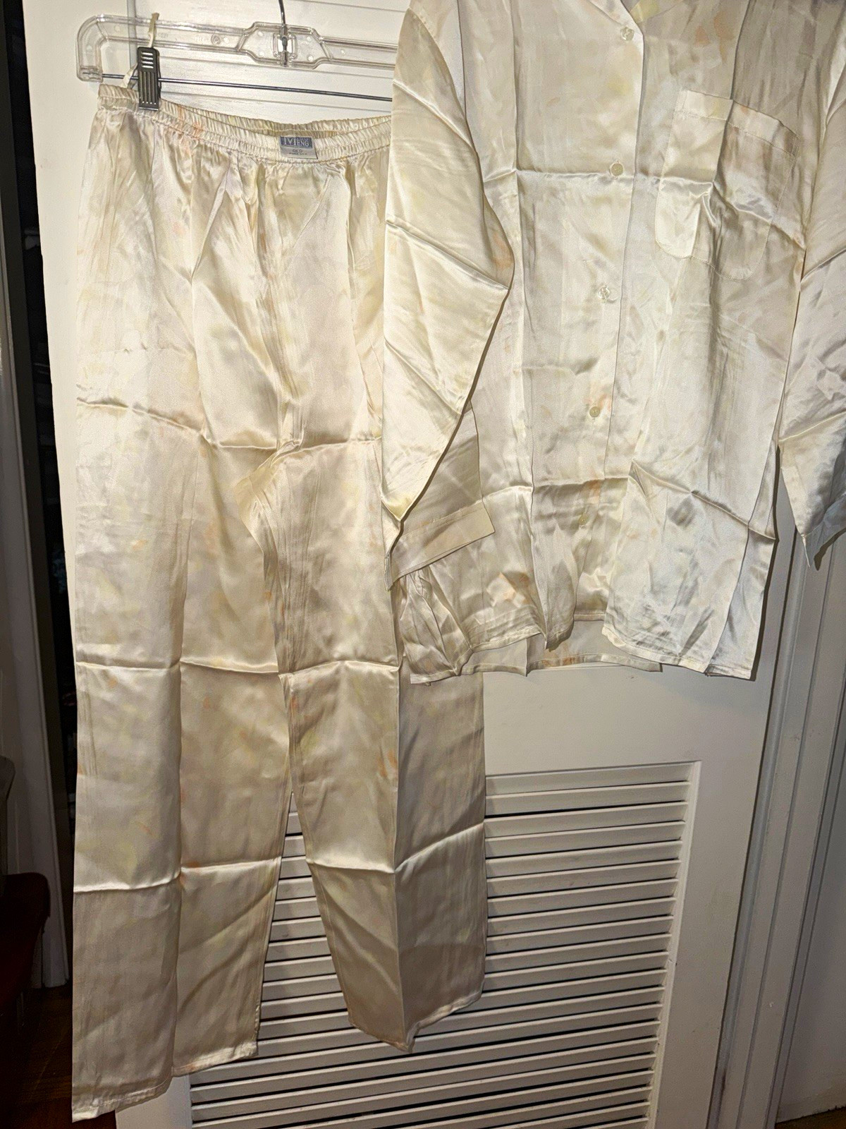 Juego de pijama vintage de seda pura de 2 piezas marfil blanco roto floral Miss Meng nuevo sin etiquetas talla M