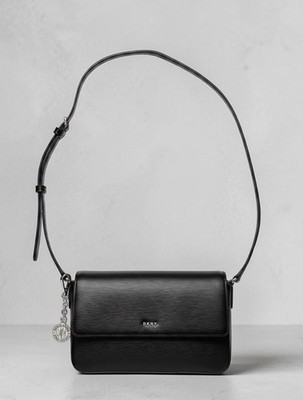 NWOT DKNY Bryant Medium Black Leather Flap Crossbody with Charm w Dust Bag