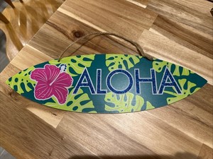 Aloha Sign with Hanging Cord 15” Long 5" Tall Sparkles Flower Hawaii Islands