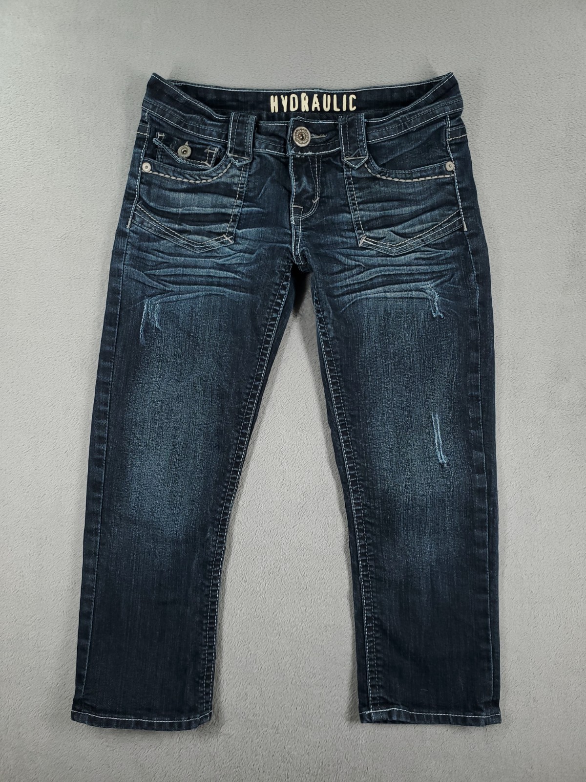 Womens 8 Capri Low Rise Stretch Flap Pockets Faded Ripped Denim