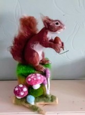 Red Squirrel Eating A Real Acorn On A Wood Base With Mushrooms. Needle Felted.