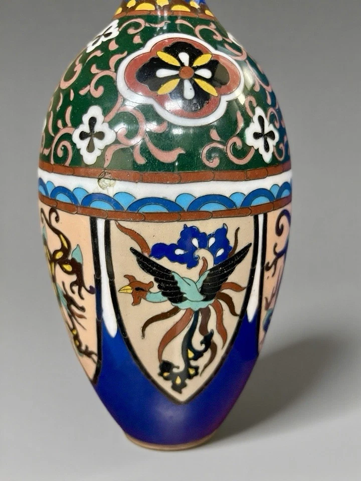 古董日本 Cloisonné 花瓶带龙和凤凰图案,日本飞凰花纹 — 第 4/4 张图片