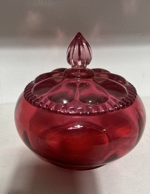 Vintage Fenton Cranberry Glass Vanity Dresser Jar Lid Melon Diamond Vintage