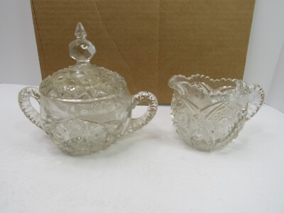 EAPG Clear Glass McKee Sugar Bowl & Creamer  Press Cut  Decorative GUC