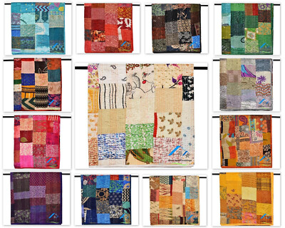 Indian Silk Kantha Quilt Handmade Sari Patchwork Bedspread Blanket Throw