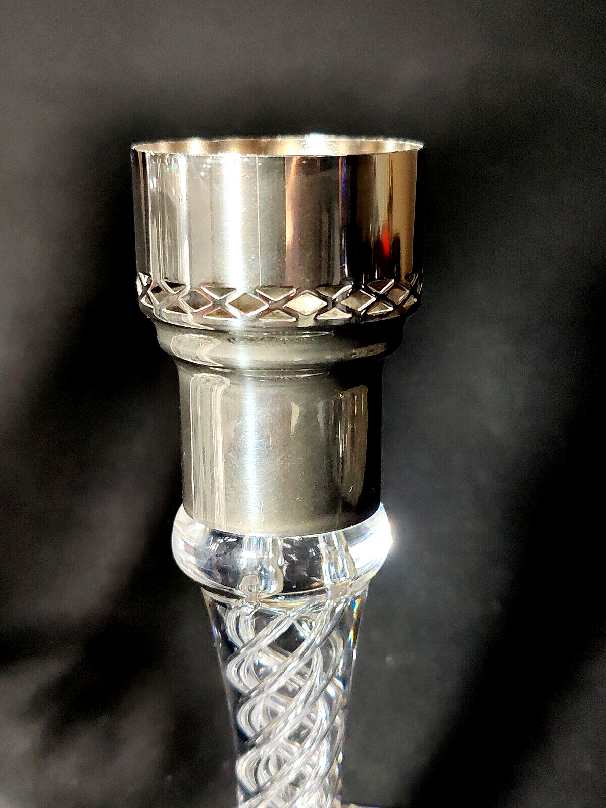 STUART CRYSTAL FOUR SEASON HURRICANE LAMP, Cut Lead Crystal & Silverplate, 14"