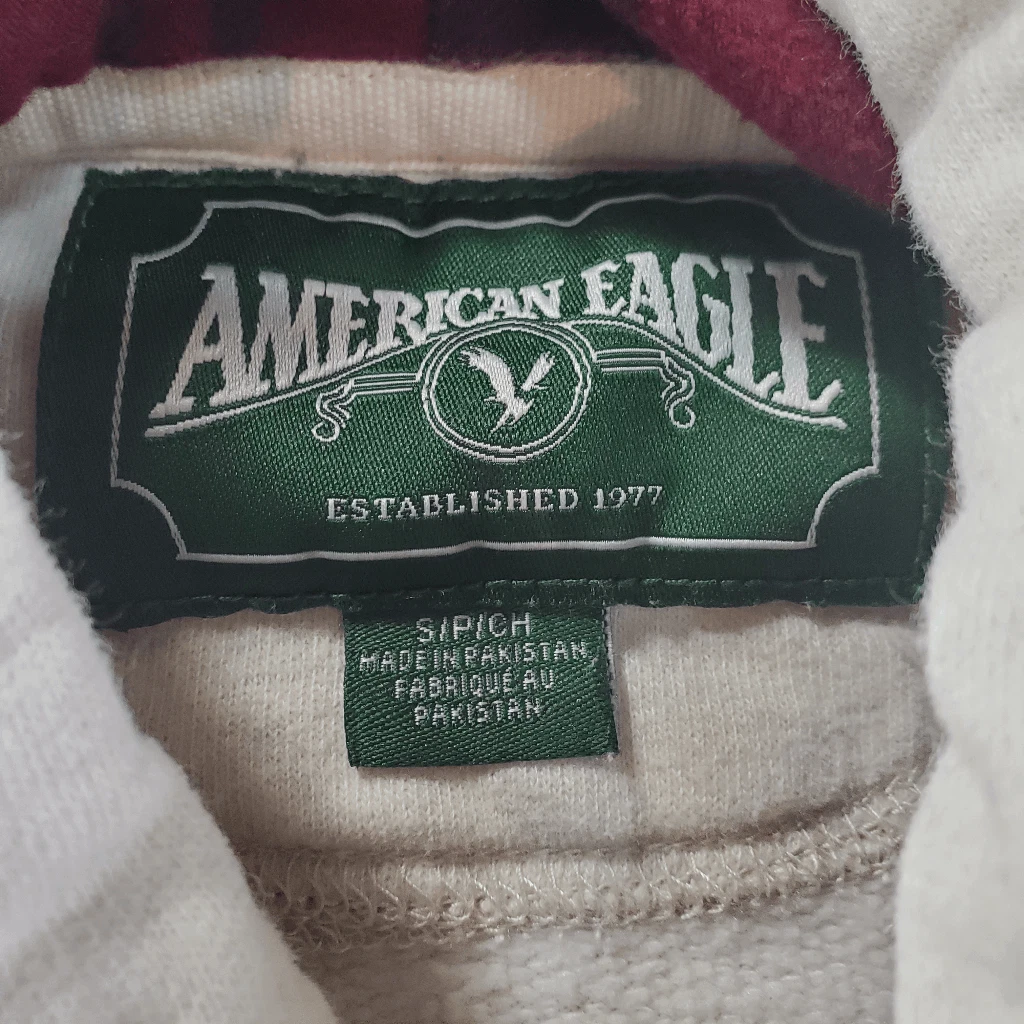 OFF WHITE Felpa con cappuccio vintage American Eagle donna piccola crema cordini a quadri maglione solido