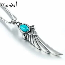 MENDEL Mens Angel Wing Charm Pendant Necklace Stainless Steel Turquoise Silver