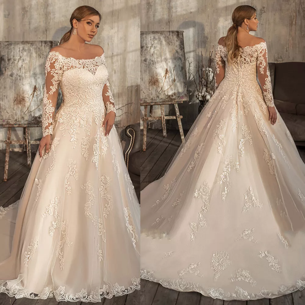 Champagne Wedding Dresses Plus Size Lace Long Sleeves Bridal Dresses Sweep  Train