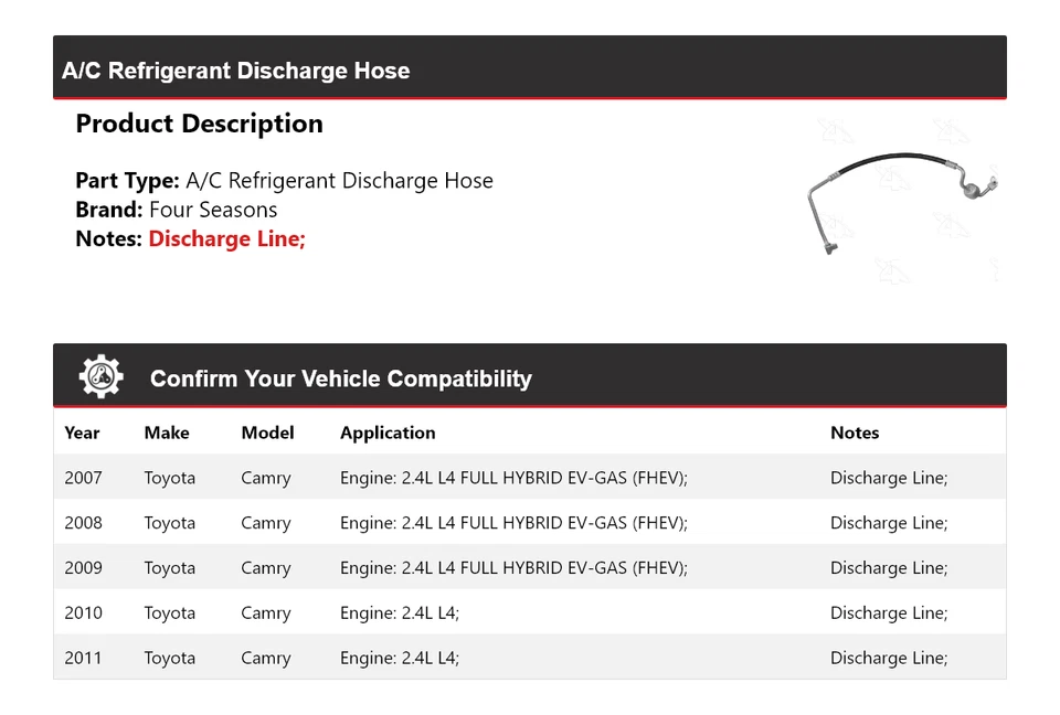 Manguera de descarga de refrigerante aire acondicionado Toyota Camry 2007-2011 4 estaciones 2008 2009 Foto 2 de 4