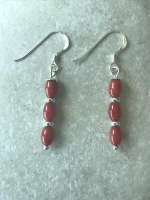 Red Bamboo Coral Small Barrels Long Earrings 925 Sterling Silver Gift Bag - Image 1 of 4