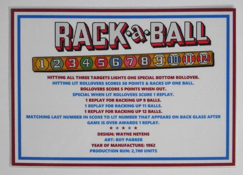 * * 'RACK-A-BALL' Gottlieb 1962 Custom Instruction/Apron Card (New) * *