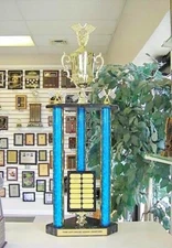 CAR SHOW RACING TROPHY  AWESOME LARGE THREE POST 14 YEAR PERPETUAL AWARD 35"  #