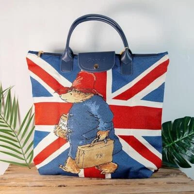 SIGNARE Paddington Bear Foldable Handbag Travel Shopping Blue Union Jack Womens Gift