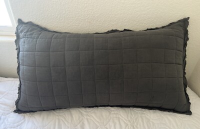 2 West Elm Belgian flax linen quilted sham King slate frayed Raw Ruffle Border