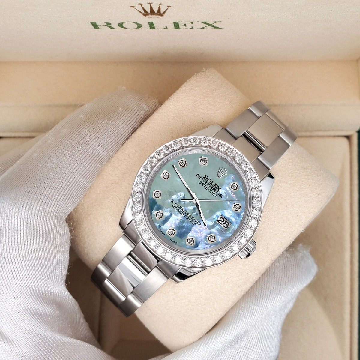 Rolex Datejust 31mm 1.6ct 178240 Diamond Bezel/Tahitian Blue Dial