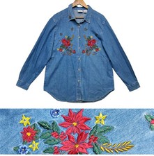 Vtg Bobbie Brooks Floral Holiday Christmas Denim Shirt Womens L Blue Button-Up
