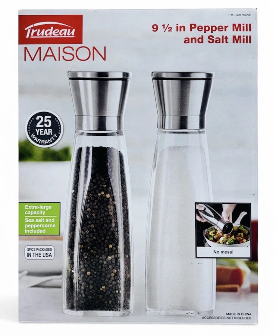 Trudeau Maison Salt Pepper Mill Set 9.5in Stainless Glass Adjustable Grinder