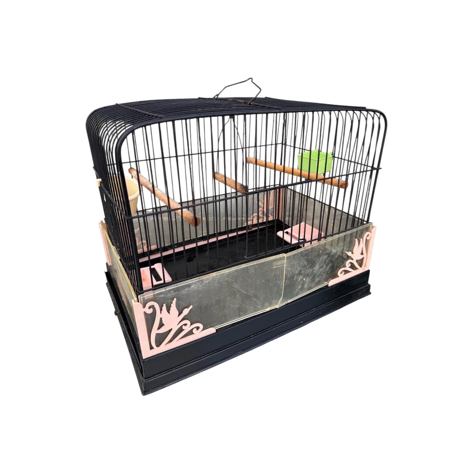 Unique Black with Pink Trim Vintage Wire Bird Cage with Feeders
