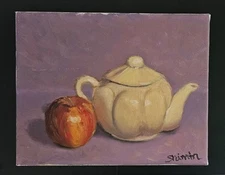 Teapot With Apple Painting-Original Apple And Teapot Oil Painting 7.75" x 10.25"