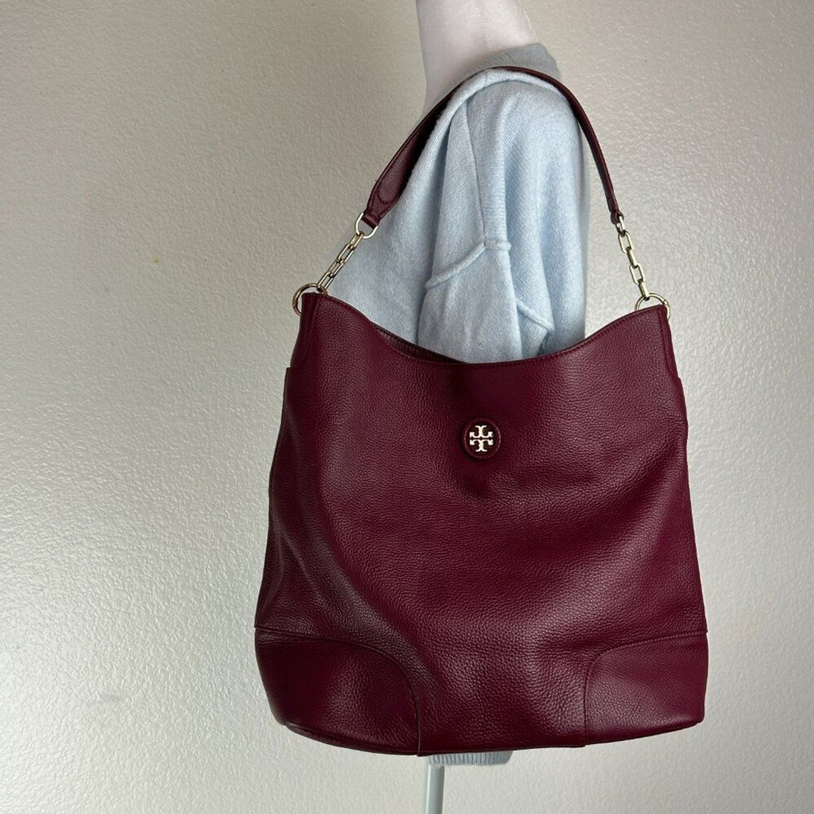 Tory Burch Burgandy Soft Pebbled Leather Tight Chained Strap Large Hobo Handbag