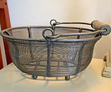 Metal Basket Oval Woven Design with Metal and Wood Handle HEAVY Indoor Outdoor