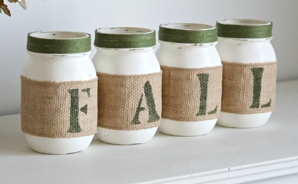 Fall Farmhouse Mason Jars Décor Set – White Green Table Centerpiece - Image 3 of 4