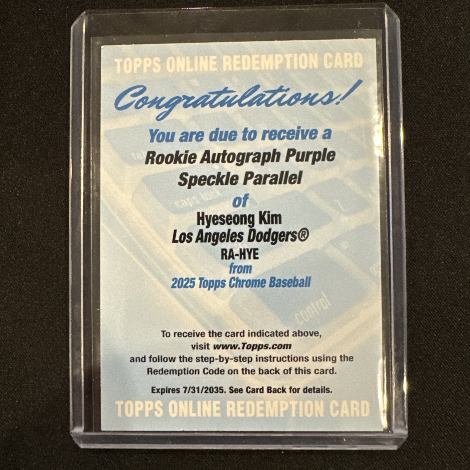 2025 Topps Chrome Hyeseong Kim Rookie Auto - Purple Speckle /299 - Redemption RC