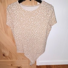 Beige White Animal Print Women's One Piece Bodysuit Short Sleeve Opaque