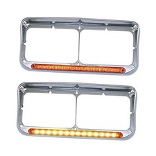 2x Chrome Headlight Bezels 12" Amber LED Light with Visor Amber Lens Amber LED