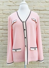 Elegant Vintage 90  s ST. JOHN KNITS MARIE GREY Powder Pink Sweater Cardigan