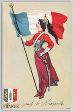 Postcard Patriotic French Flag Woman in Military Uniform Coat of Arms - St John