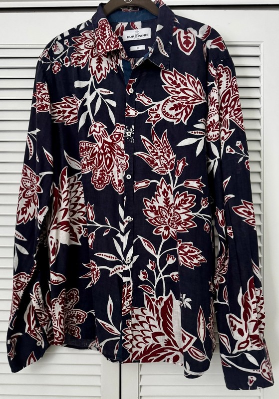 Europann 100% Linen Floral Button Down Shirt Size 3 Navy Red Tropical Resort