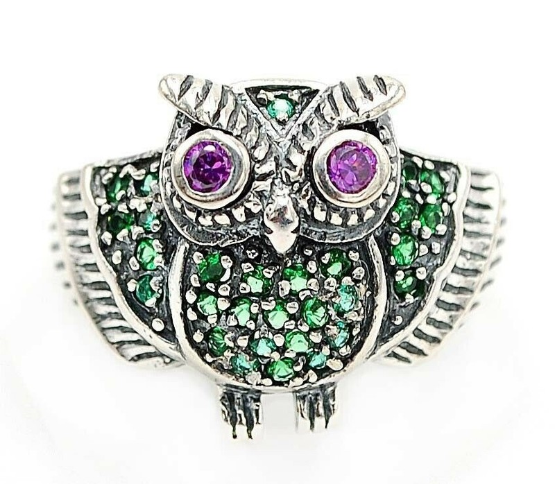 Owl Amethyst 925 Solid Sterling Silver Vintage Ring Sz 7 XA1-4