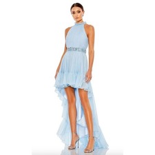 MAC DUGGAL Dress Size 12 Evening Gown Sequin NEW Light Blue Halter Neck High Low