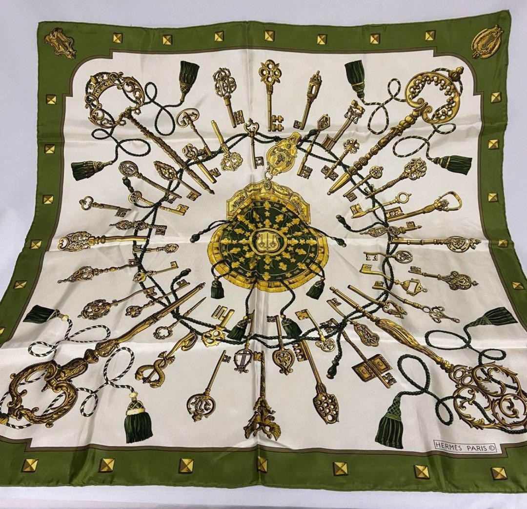 HERMES Scarf Carré 90 LES CLES/Key Silk 100% Green Vintage