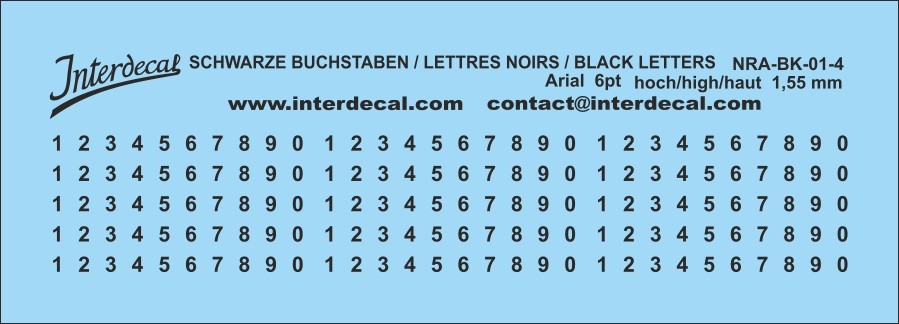 Números Arial 04 6pt 1,55mm Alto Imagen Corredera Mojada Calcomanía Negro 78x13mm INTERDECAL