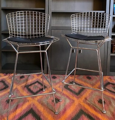 Knoll Bertoia Bar Stools w Black Leather Cushion (Chrome)