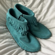 MINNETONKA Youth Size 3 Ankle Boots Double Fringe Moccasins Zip Turquoise Suede
