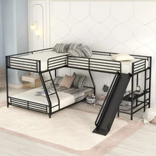L-Shaped Twin/Full Bunk Bed & Twin Loft Bed, Desk, Slide, Black