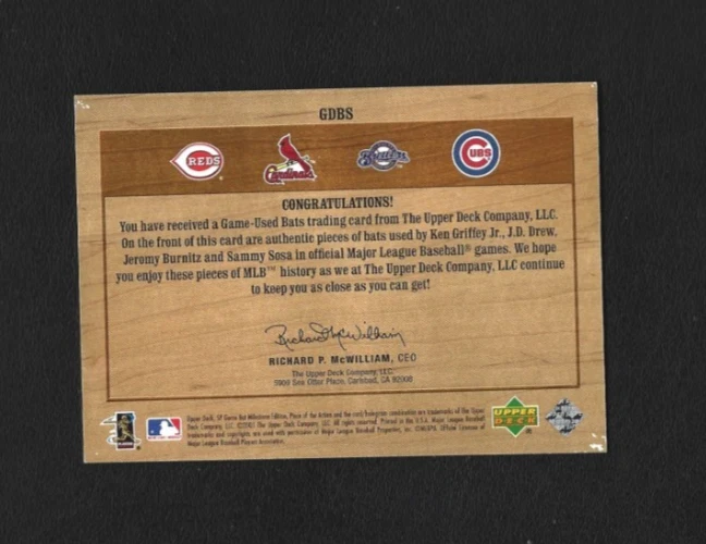 2001 SP Game Bat Milestone Quad GDBS Griffey, Sosa, Drew y Burnitz Foto 2 de 2