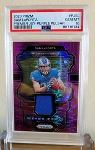 2023 Prizm #PJSL Sam LaPorta RC Premier Jerseys Purple Pulsar PSA 10 Gem Mint