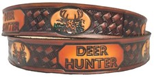 Belt Deer Hunter Deerhead Design Brown Cowhide Leather Embossed Made in USA